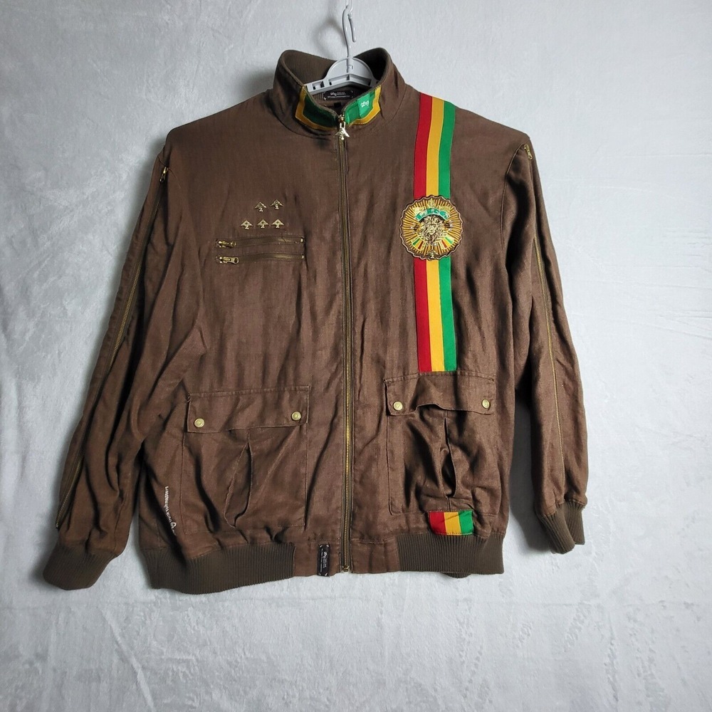 LRG Long Research Gear 100% Linen Jacket Embroidered Lion‎ Mens 3x Brown